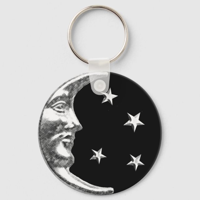 Art Deco Måne och Stars - Black och Silver Nyckelring (Framsida)