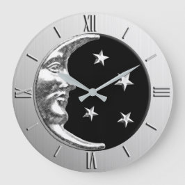 Art Deco Måne och Stars - Black och Silver Stor Klocka