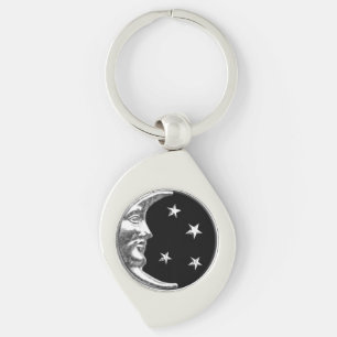 Art Deco Måne och Stars - Black och Silver Swirl Silverfärgad Nyckelring