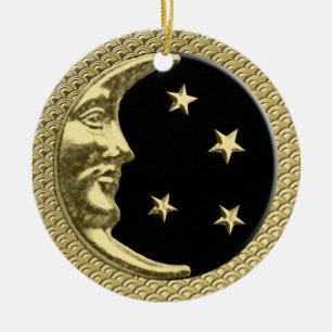 Art Deco Måne och Stars Black på Guld-bakgrunden Julgransprydnad Keramik