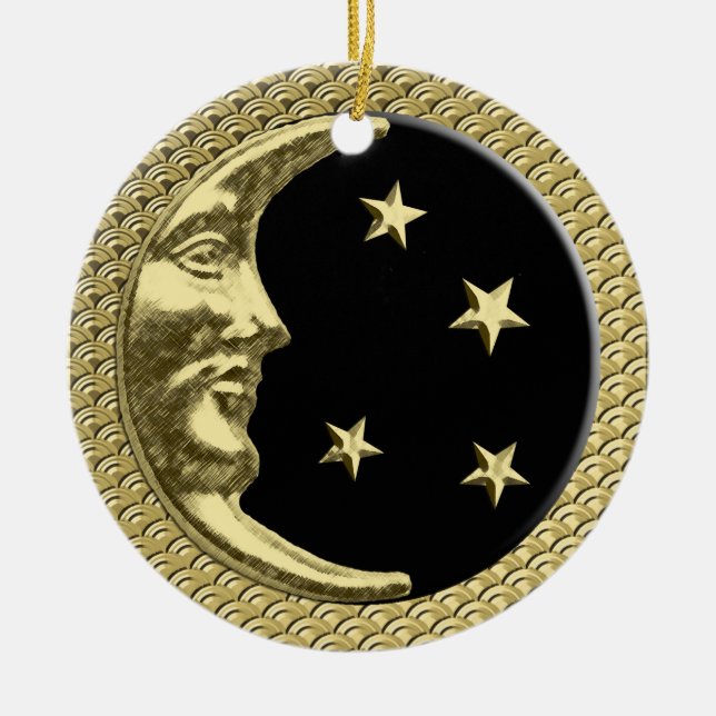 Art Deco Måne och Stars Black på Guld-bakgrunden Julgransprydnad Keramik (Framsidan)
