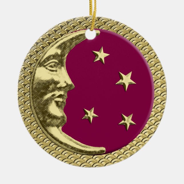 Art Deco Måne och Stars Burgundy & Guld - bakgrund Julgransprydnad Keramik (Framsidan)