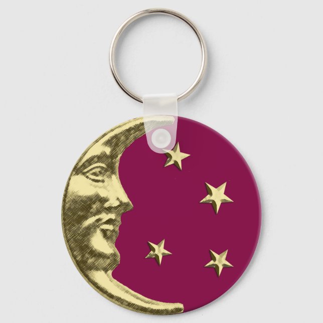 Art Deco Måne och Stars - Burgundy och Guld Nyckelring (Framsida)