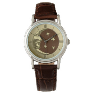 Art Deco Måne och Stars - Chocolate Brown & Guld Armbandsur