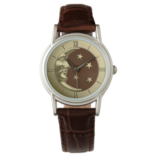 Art Deco Måne och Stars - Chocolate Brown & Guld Armbandsur (Framsida)