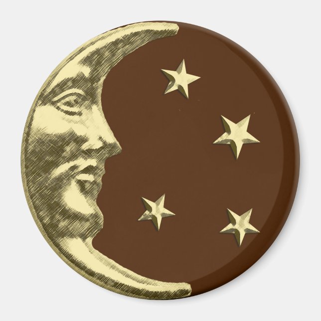 Art Deco Måne och Stars - Chocolate Brown & Guld Magnet (Framsidan)