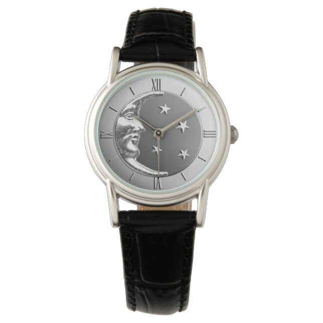 Art Deco Måne och Stars - Grått/Grått och Silver Armbandsur (Framsida)