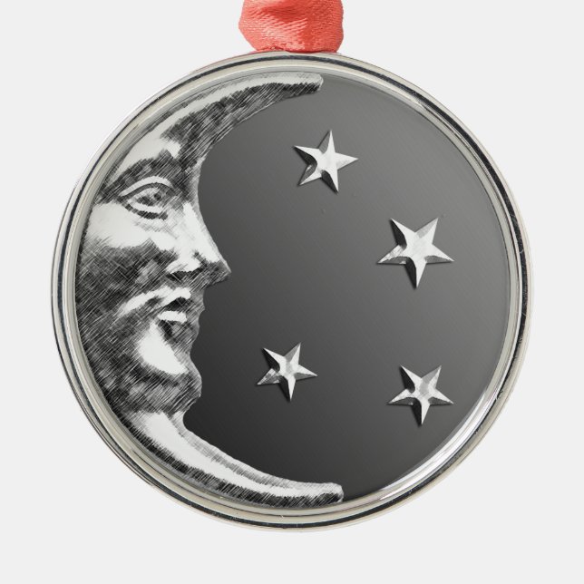 Art Deco Måne och Stars - Grått/Grått och Silver Julgransprydnad Metall (Framsidan)