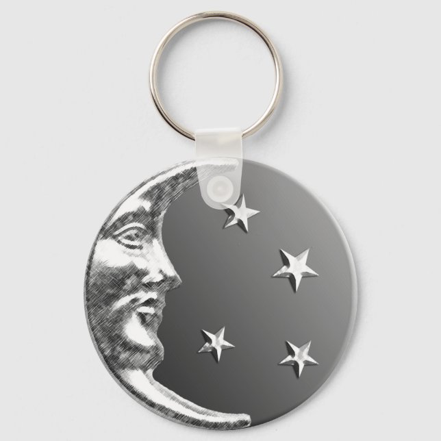 Art Deco Måne och Stars - Grått/Grått och Silver Nyckelring (Framsida)