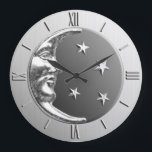 Art Deco Måne och Stars - Grått/Grått och Silver Stor Klocka<br><div class="desc">Klassisk Art Deco måne och stjärnor,  designklocka i borstat silver,  med hematitsten/grått-emel med bakgrundsutseende</div>