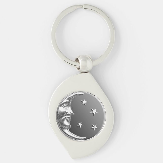Art Deco Måne och Stars - Grått/Grått och Silver Swirl Silverfärgad Nyckelring (Framsidan)