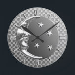 Art Deco Måne och Stars, Hematite Grått & Silver Rund Klocka<br><div class="desc">Klocka i klassisk Art Deco måne och stjärnor i borstat silver med emellutseende,  hematit grått/grått-bakgrund</div>