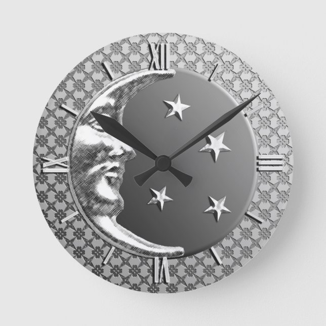 Art Deco Måne och Stars, Hematite Grått & Silver Rund Klocka (Framsida)