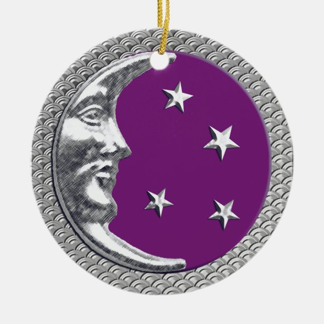 Art Deco Måne och Stars i Ametyst och Silver Julgransprydnad Keramik (Framsidan)
