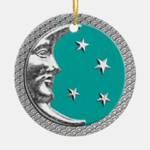 Art Deco Måne och Stars i Turkos och Silver Julgransprydnad Keramik