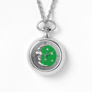 Art Deco Måne och Stars, Jade Grönt och Silver Armbandsur
