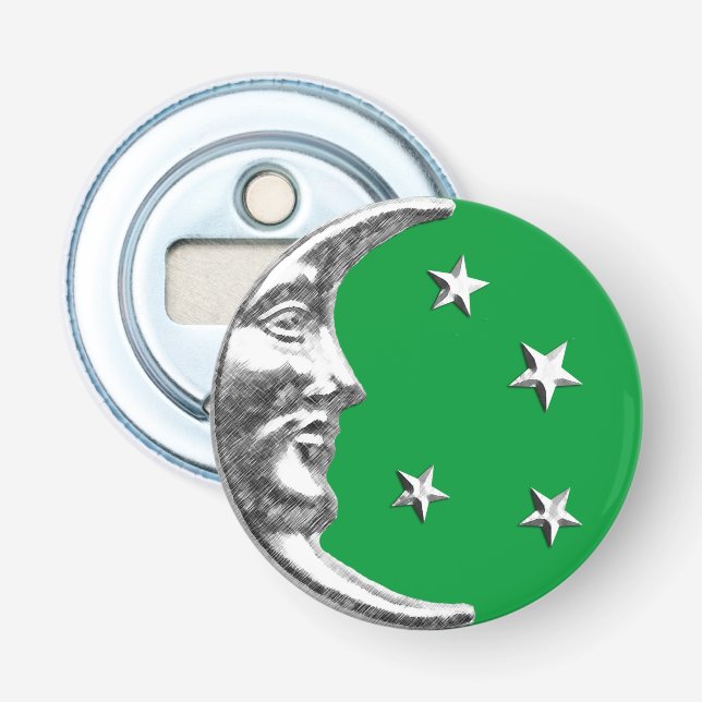 Art Deco Måne och Stars - Jade Grönt och Silver Flasköppnare (Framsidan)