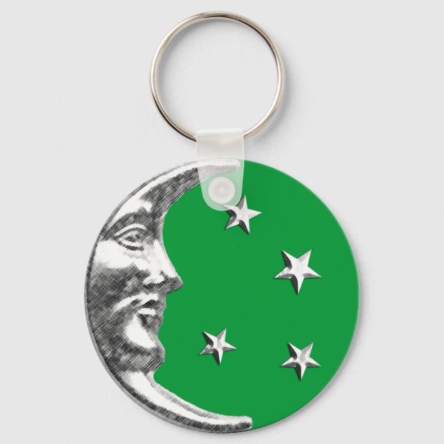 Art Deco Måne och Stars - Jade Grönt och Silver Nyckelring (Framsida)