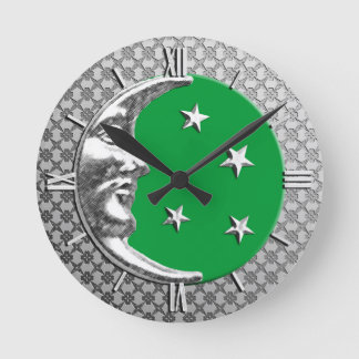 Art Deco Måne och Stars, Jade Grönt och Silver Rund Klocka