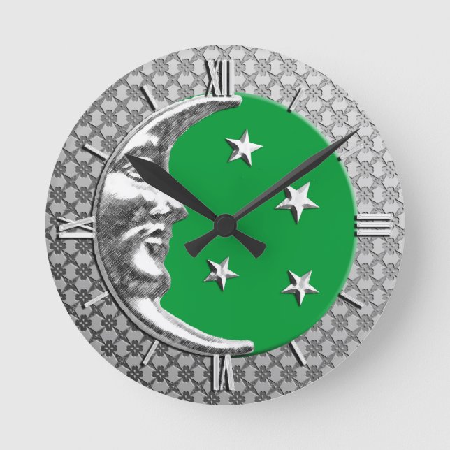 Art Deco Måne och Stars, Jade Grönt och Silver Rund Klocka (Framsida)
