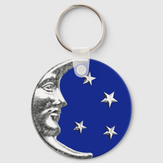 Art Deco Måne och Stars - Koboltblått och Silver Nyckelring (Framsida)