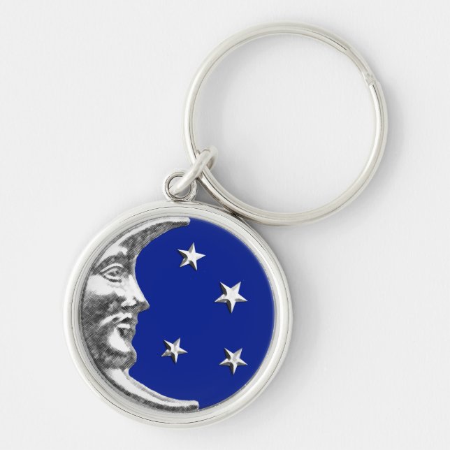 Art Deco Måne och Stars - Koboltblått och Silver Rund Silverfärgad Nyckelring (Framsidan)