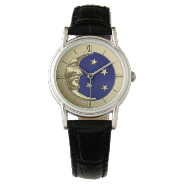 Art Deco Måne och Stars - marinblått och Guld Armbandsur (Framsida)