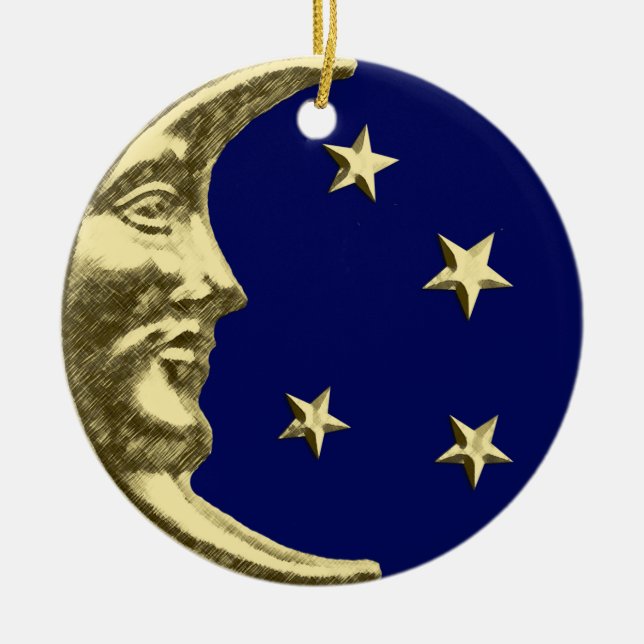 Art Deco Måne och Stars - marinblått och Guld Julgransprydnad Keramik (Framsidan)