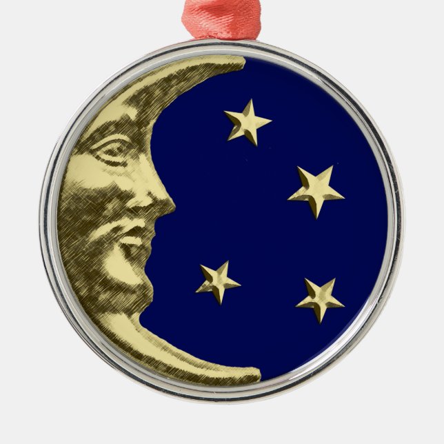 Art Deco Måne och Stars - marinblått och Guld Julgransprydnad Metall (Framsidan)