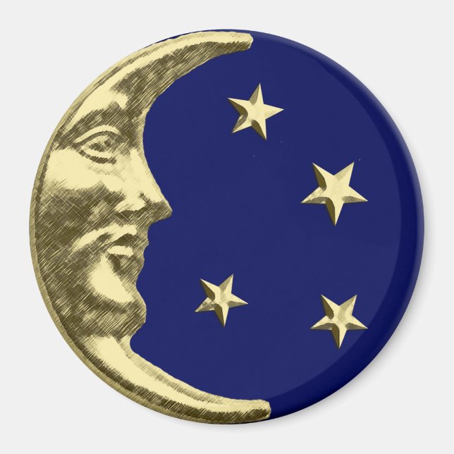 Art Deco Måne och Stars - marinblått och Guld Magnet (Framsidan)