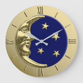 Art Deco Måne och Stars - marinblått och Guld Stor Klocka