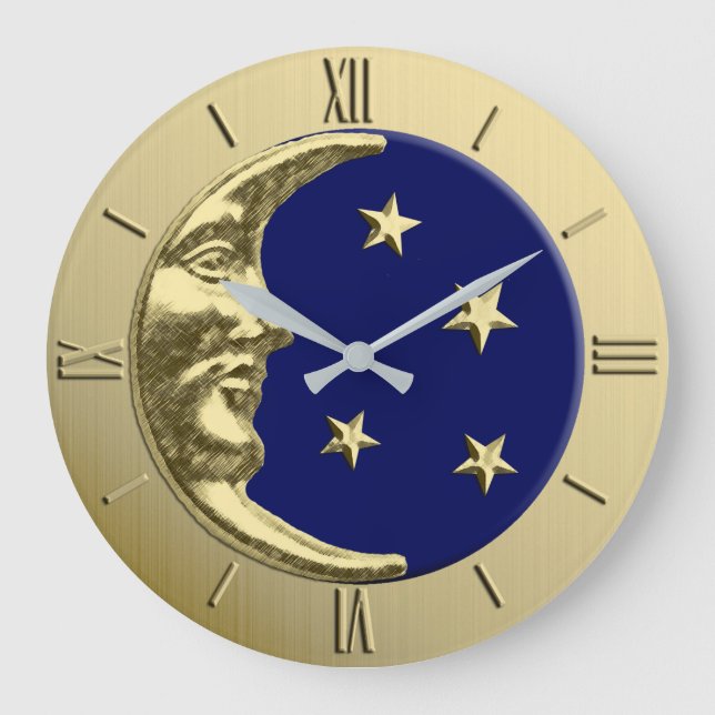 Art Deco Måne och Stars - marinblått och Guld Stor Klocka (Framsida)
