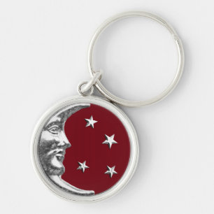 Art Deco Måne och Stars - Mörk Red och Silver Rund Silverfärgad Nyckelring