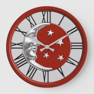 Art Deco Måne och Stars - Röd, Grått och Silver Stor Klocka