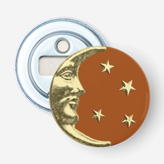 Art Deco Måne och Stars - Rust Brown och Guld Flasköppnare (Framsidan)