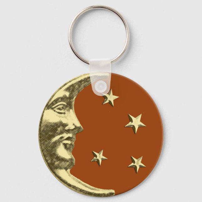 Art Deco Måne och Stars - Rust Brown och Guld Nyckelring (Framsida)