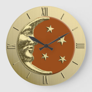 Art Deco Måne och Stars - Rust Brown och Guld Stor Klocka