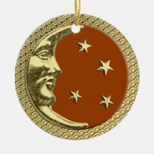 Art Deco Måne och Stars Rust mot Guld Julgransprydnad Keramik