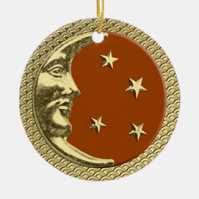 Art Deco Måne och Stars Rust mot Guld Julgransprydnad Keramik (Framsidan)