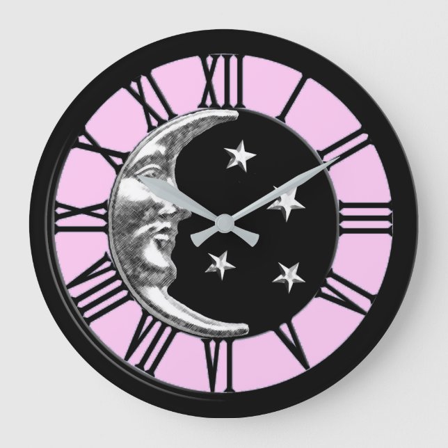 Art Deco Måne och Stars - Svart, Rosa och Silver Stor Klocka (Framsida)