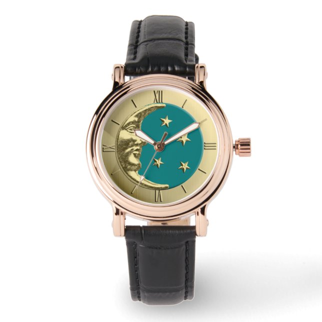 Art Deco Måne och Stars - Teal och Guld Armbandsur (Framsida)