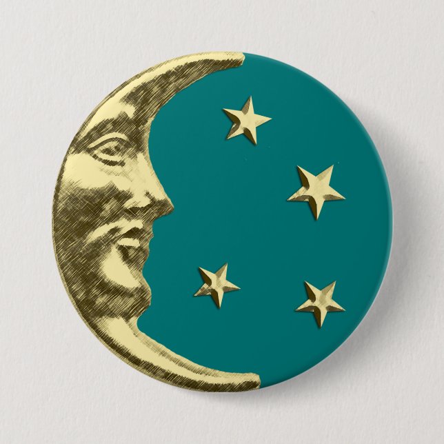 Art Deco Måne och Stars - Teal och Guld Knapp (Framsida)