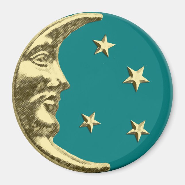 Art Deco Måne och Stars - Teal och Guld Magnet (Framsidan)