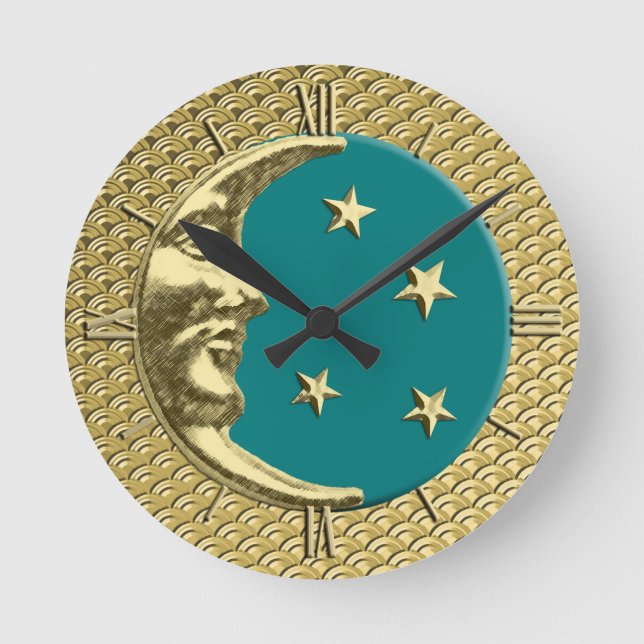 Art Deco Måne och Stars, Teal och Guld Rund Klocka (Framsida)