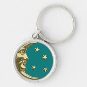 Art Deco Måne och Stars - Teal och Guld Rund Silverfärgad Nyckelring