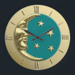 Art Deco Måne och Stars - Teal och Guld Stor Klocka<br><div class="desc">Klassisk Art Deco måne och stjärnor i borstat guld,  med en emalutseende/blå grönt bakgrund i påsen</div>