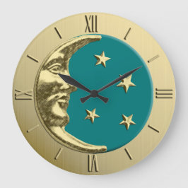 Art Deco Måne och Stars - Teal och Guld Stor Klocka