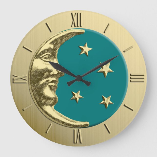 Art Deco Måne och Stars - Teal och Guld Stor Klocka (Framsida)
