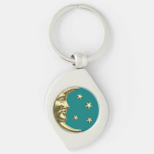 Art Deco Måne och Stars - Teal och Guld Swirl Silverfärgad Nyckelring
