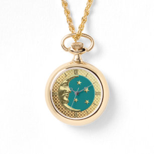 Art Deco Måne och Stars, Teal och Guld Watch Armbandsur